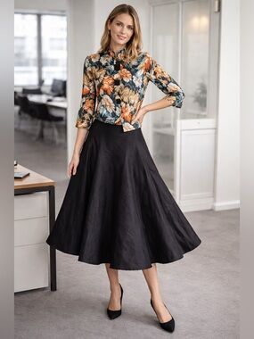 Elegant Elevated Black Taffeta Office Chic Full Skirt 8 NWT Dramatic Flare Y2K